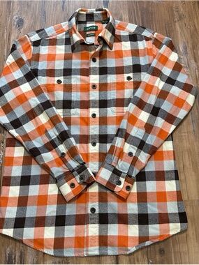 Orvis Men's Orange Plaid Button-Down Flannel Shirt